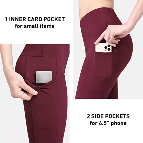 BALEAF Fleece Lined Leggings Women Winter Warm High Waisted Tights Yoga Hiking Water Resistant Pants with Pockets Wine Red M